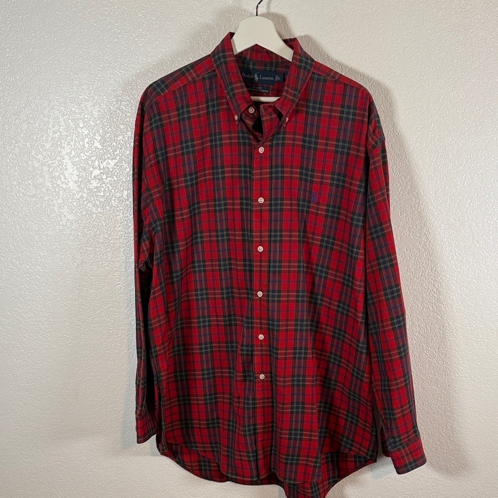 Ralph Lauren Red Plaid Blake 2Ply Cotton Button Down Shirt Blue Pony Size Large